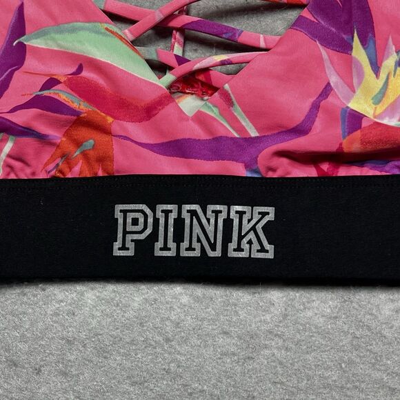 Victorias Secret PINK Sports Bra Small Pink Palm Leaf Print Ultimate Strappy - Picture 2 of 9